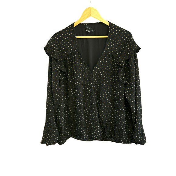 Sanctuary Black Gold Polka Dot V Neck Blouse Size 2X Ruffle Detail Snap Closure - Picture 1 of 6